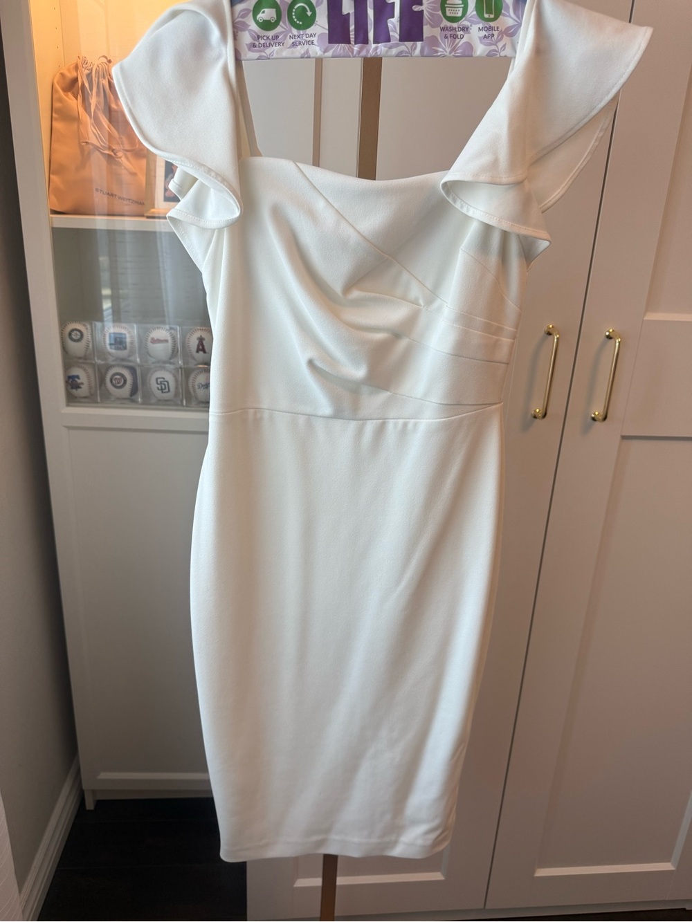 Calvin Klein White Ruffle-Shoulder Midi Sheath Dress